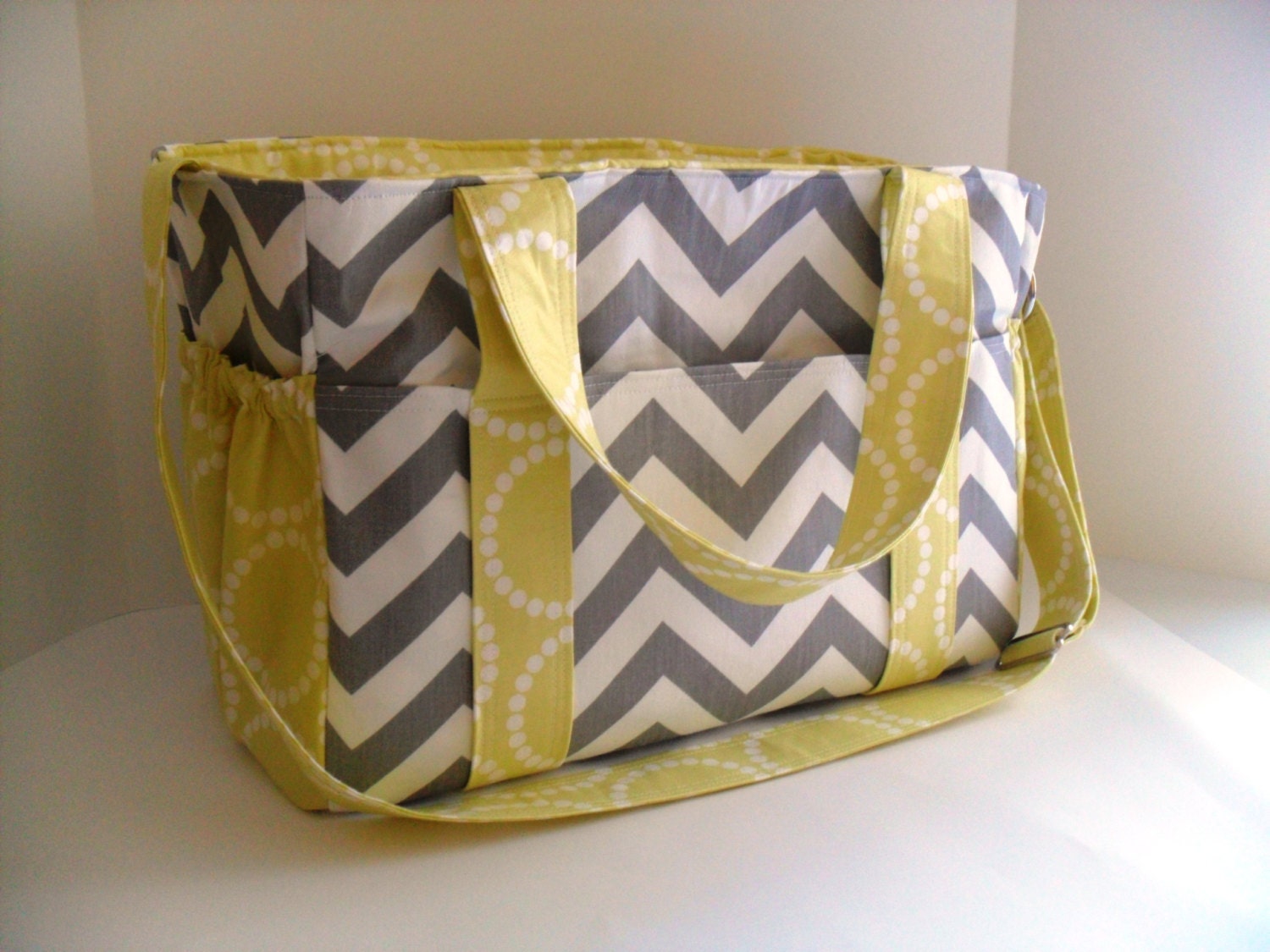 Extra Large Chevron Diaper bag Made of Grey and White with Citron Fabric