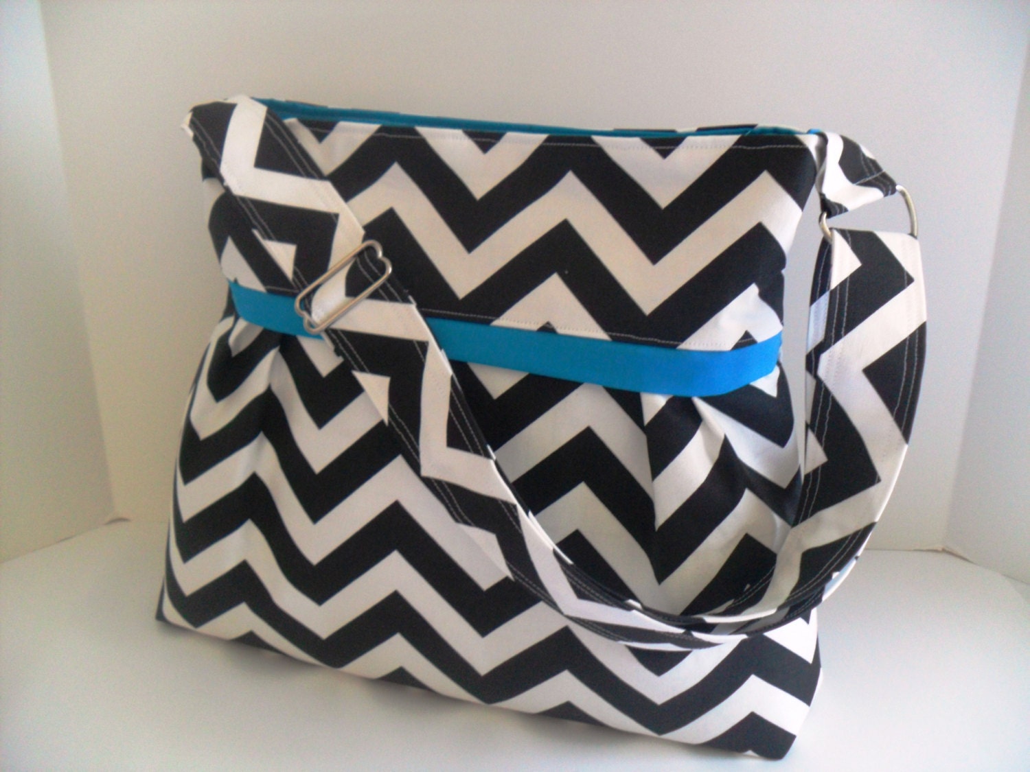 Diaper Bag  Made of Black  Chevron with Turquoise interior - Adjustable Strap and Elastic Pockets