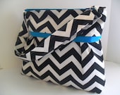 Chevron Diaper Bag in Black and White with Turquoise interior - Adjustable Strap and Elastic Pockets