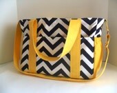 Extra Large Diaper bag Made of Navy Blue Chevron Fabric  and Yellow