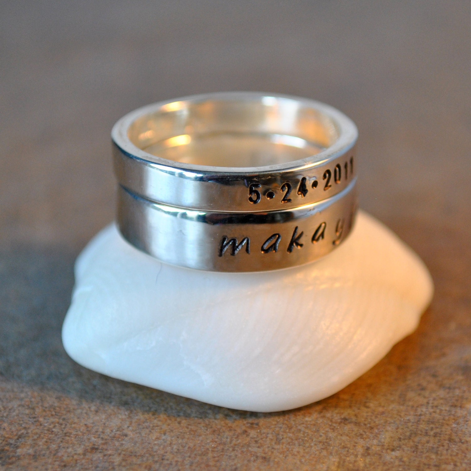 modern sterling silver name ring set - name and birthdate