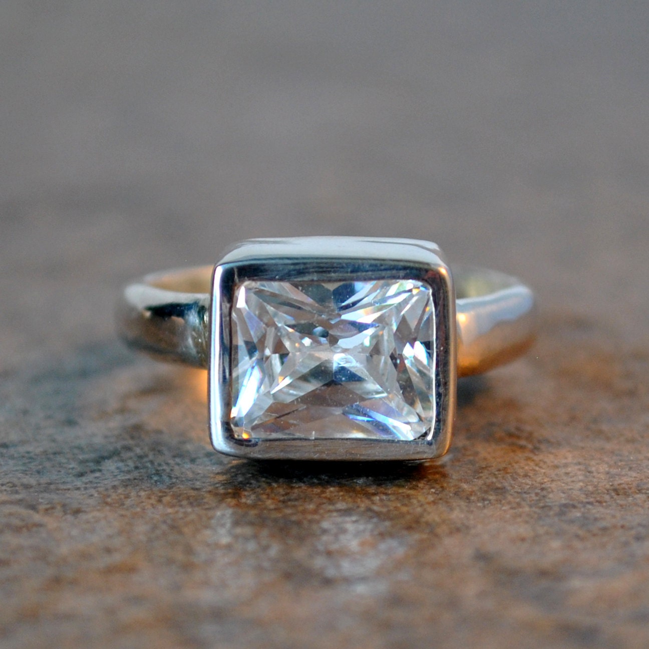emerald cut cubic zirconia - gorgeous stone, unique ring, hand set in sterling silver