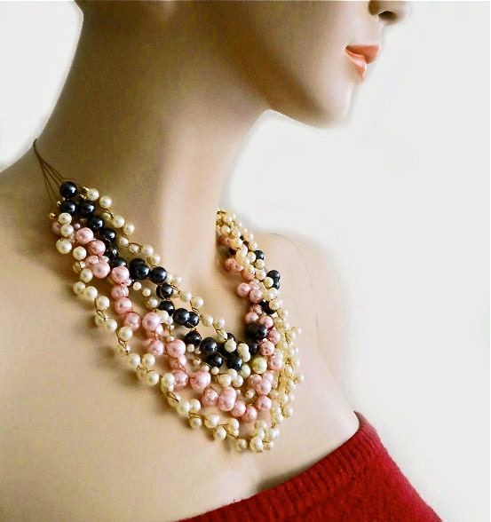 Garden Weddings Necklace  with Black Pink Ivory Pearls in Vintage Style Formal Romantic Bridesmaids