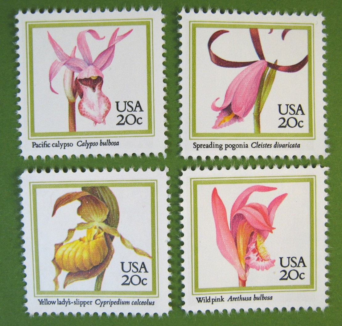 Vintage Postage Stamps Unused, Orchids, 20 Cents Pink and Gold, 25 for Extra Ounce