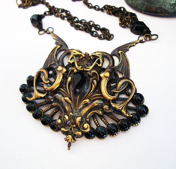 Dragons Unleashed Necklace, Vintage Looking Pendant with Real Vintage Glass Jewels, Custom Design, Metal Bonded