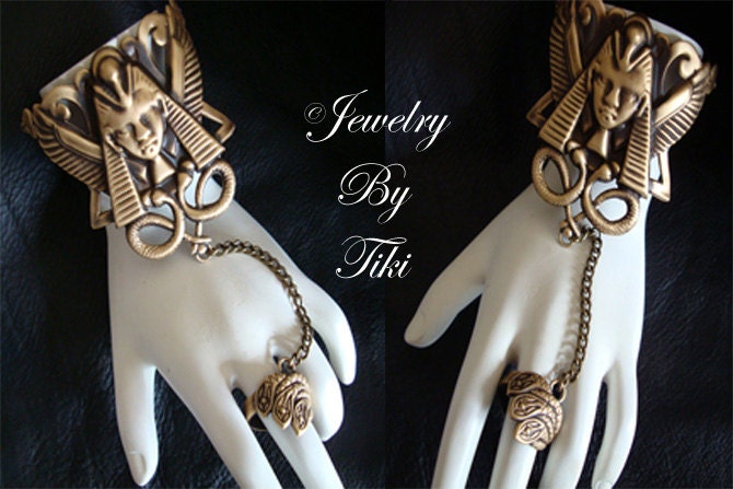 Egyptian Slave Bracelet and Ring, Original Custom Design, Quality Metal Bonded Rings, Vintage Hand Rubbed Brass Ox