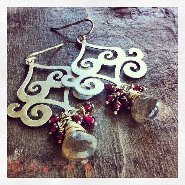 Labradorite and Garnet Boho Tattoo Arabesque Earrings -   gifts for her - Gypsy Caravan