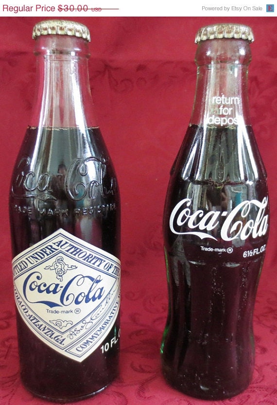 ON SALE Vintage Lot of Two 1975 Coca Cola Coke FULL Bottles