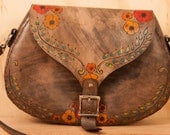 Leather Handbag - Plume pattern in red, orange, turquoise and antique black  - birds and flowers