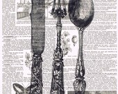 Cutlery.Utensils. Silverware,Antique book page print. Fork.Knife.Spoon, buy 3 get 1 FREE, chef, cook, birthday.kitchen decor.bon appetit.dad
