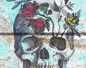 Skull,Map.Roses.Flowers.Colourful.Collage.Atlas.Page Print,home/deco.affordable,art.Fathers day.mom.dad