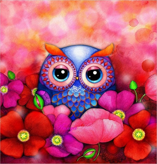 Owl Art - Owl Decor - Red Poppy Hill Flower Field - Romantic Love Painting NEW by Annya Kai