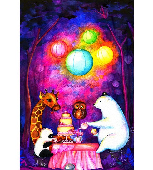 Birthday Tea Party - Animal Theme - Giraffe Panda Polar Bear Bunny - Nursery Decor Wall Art