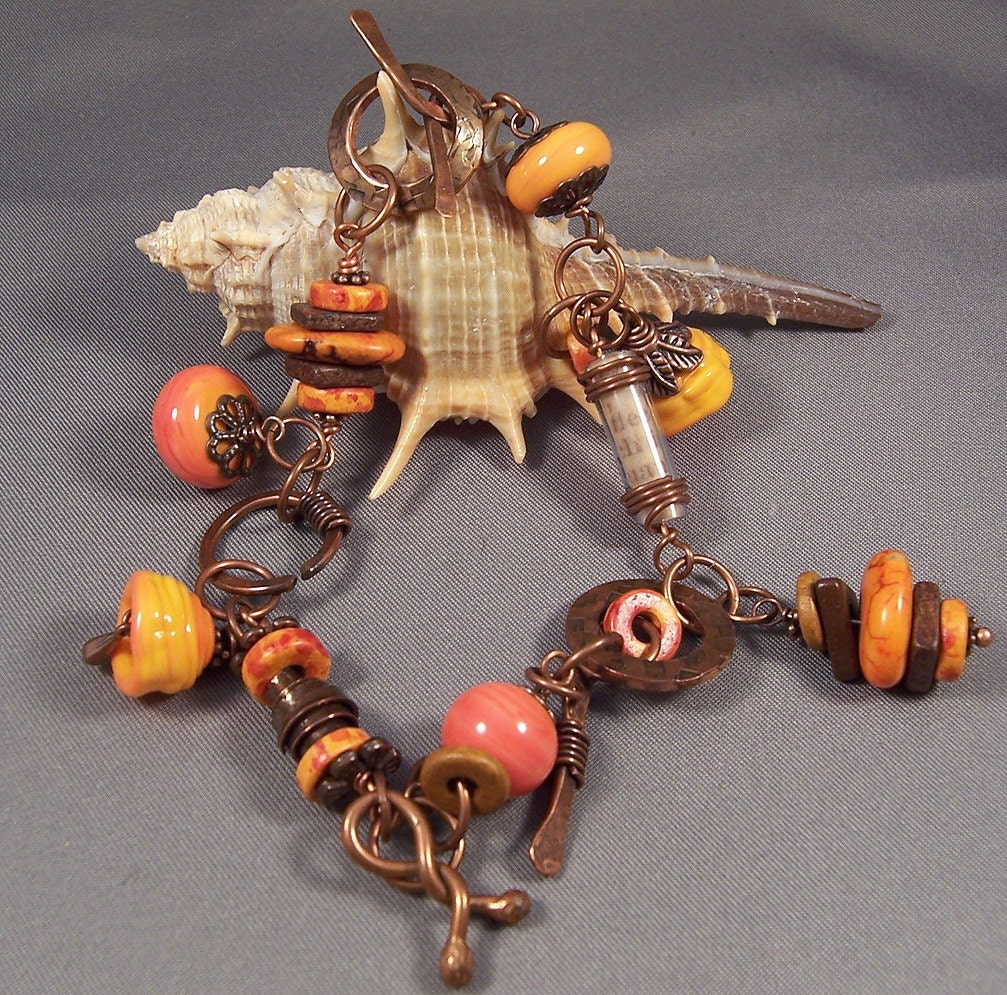 Handmade Lampwork and Copper Bracelet - Hot Summer Fun - Colorful Spring Bright Boho 2013 Gift Mixed Metal Jewelry