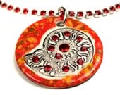 Ammonite Sparkle Surly Necklace with Swarovski Crystals and RED Rhinestone Chain