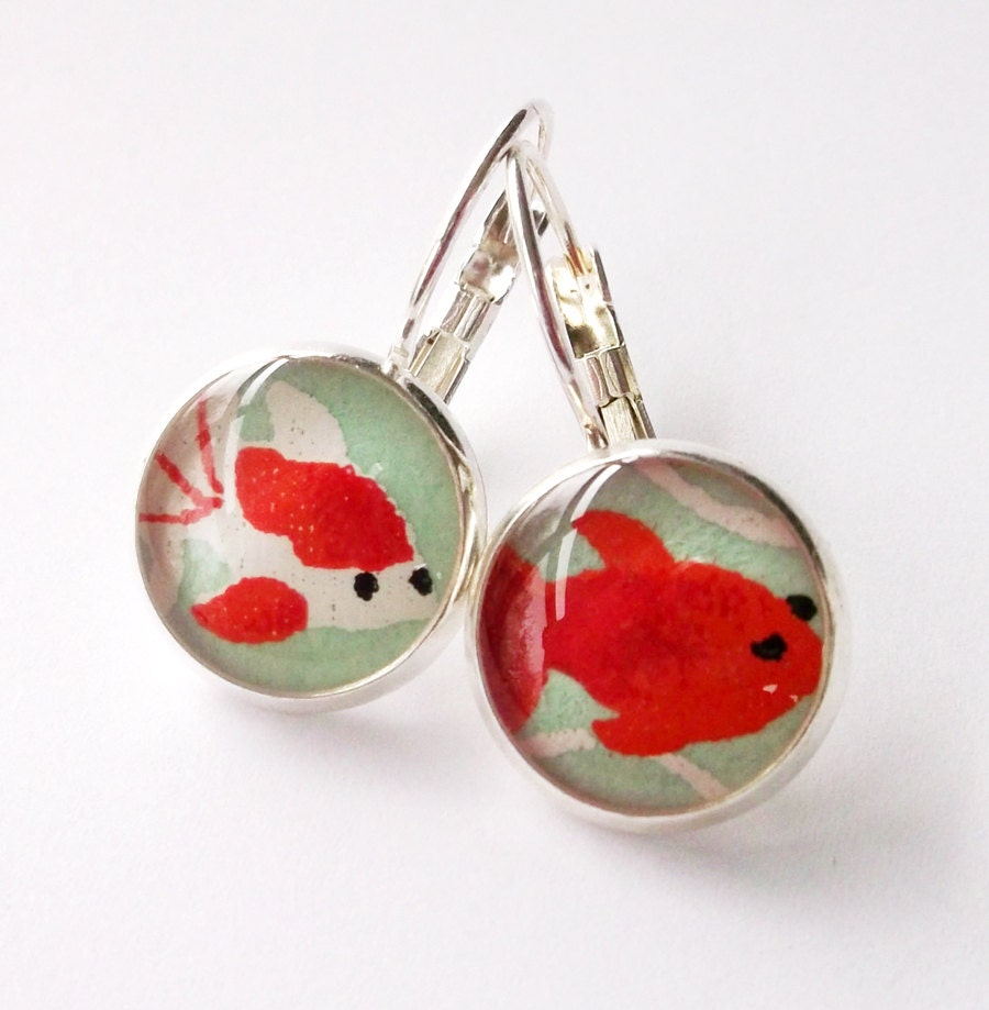 Earrings Japanese Silver Chiyogami Leverback - Peeking Goldfish