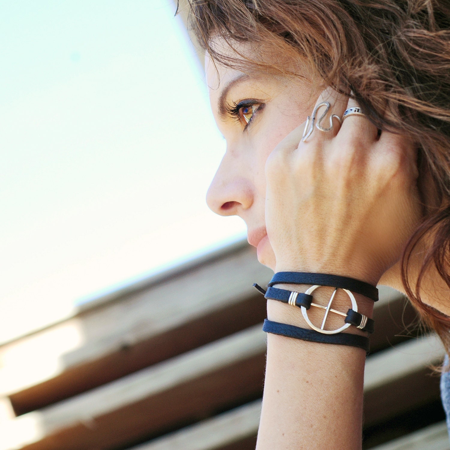 Earth Day Leather Wrap Bracelet - EcoFriendly Recycled Sterling Silver - Planetary Symbol Earth -