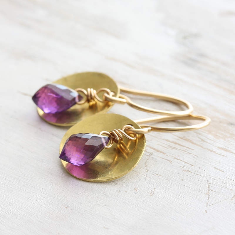 S o l e i l - hammered disc earrings with amethyst briolettes & 14k gold fill