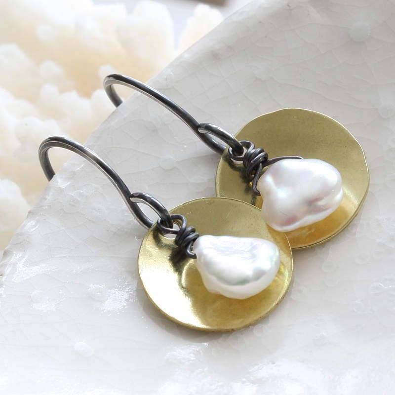 S o l e i l - hammered brass disc earrings with Keishi pearls & oxidized silver