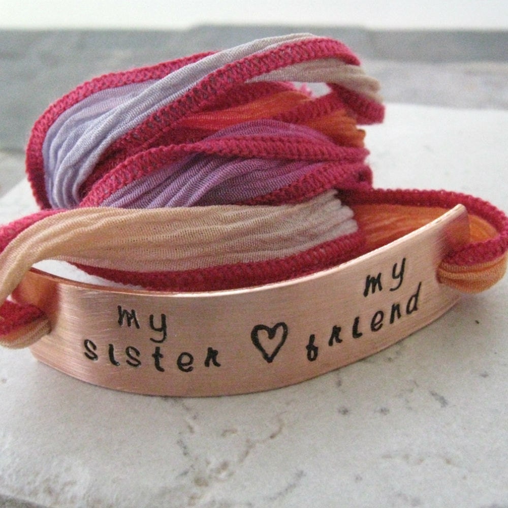 My Sister My Friend Wrap Bracelet, hand dyed silk ribbon in shades of pink, orange, and lavender, personalize with your own wording