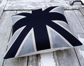 Black and grey Union Jack cushion/pillow in linen, cotton and appliqued wool felt fabrics.