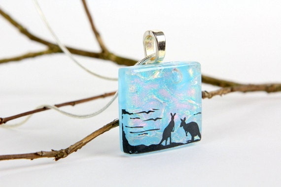 Blue Dichroic Kangaroo Pendant- Fused Glass Necklace- Dichroic Kangaroo Necklace