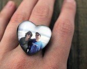 Valentines Day Ring - Heart Photo Cocktail Ring - Adjustable, Bronze, Costume Jewelry - Gift for Mothers Day, Bridesmaids, Anniversary