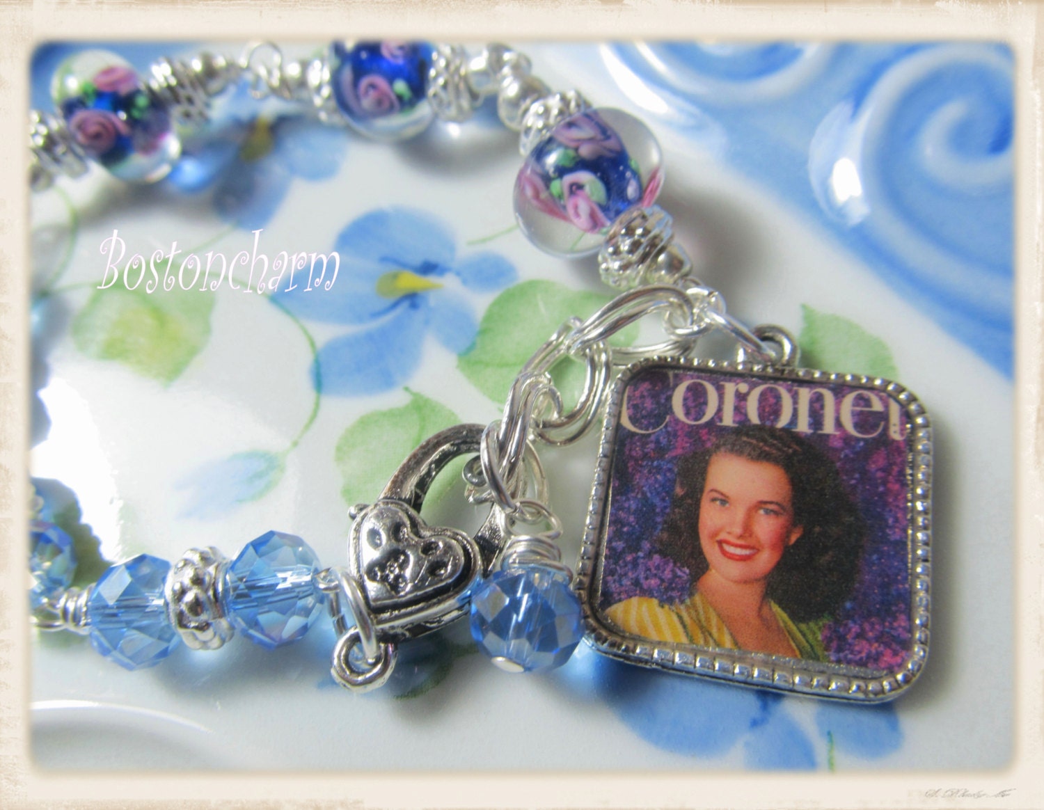 Vintage Diva, Magazine cover, handmade jewelry, beaded, lampwork ,   Altered Art Charm Bracelet     ooak   ebsq