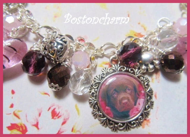 Puppy Love   hearts  flowers  valentines day dogs  glass hearts  Altered Art Charm Bracelet     ooak   ebsq