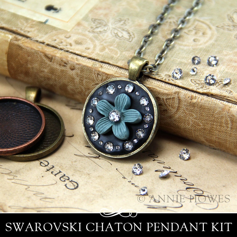 Epoxy Clay Pendant DIY Kit from Annie Howes. Swarovski Chatons and Ceralun. Black base. Makes 5.