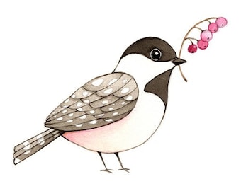 Watercolor painting, Bird art, Bird painting, painting of birds, Bird artwork, Bird print, Bird art print, Bird wall art, Chickadee, 5x7