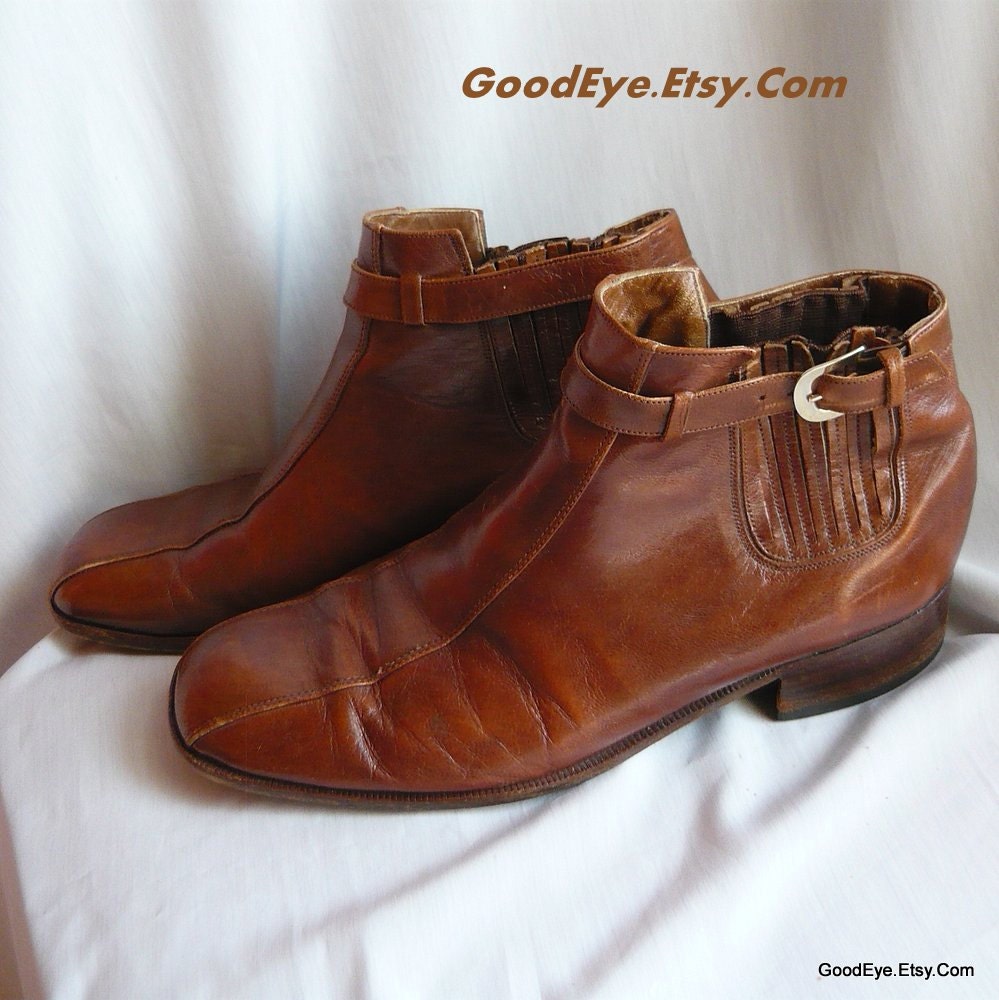 Mens sz 9 .5 Leather Ankle Boots BUCKLE Eur 43 Harness Beatles Maple Brown
