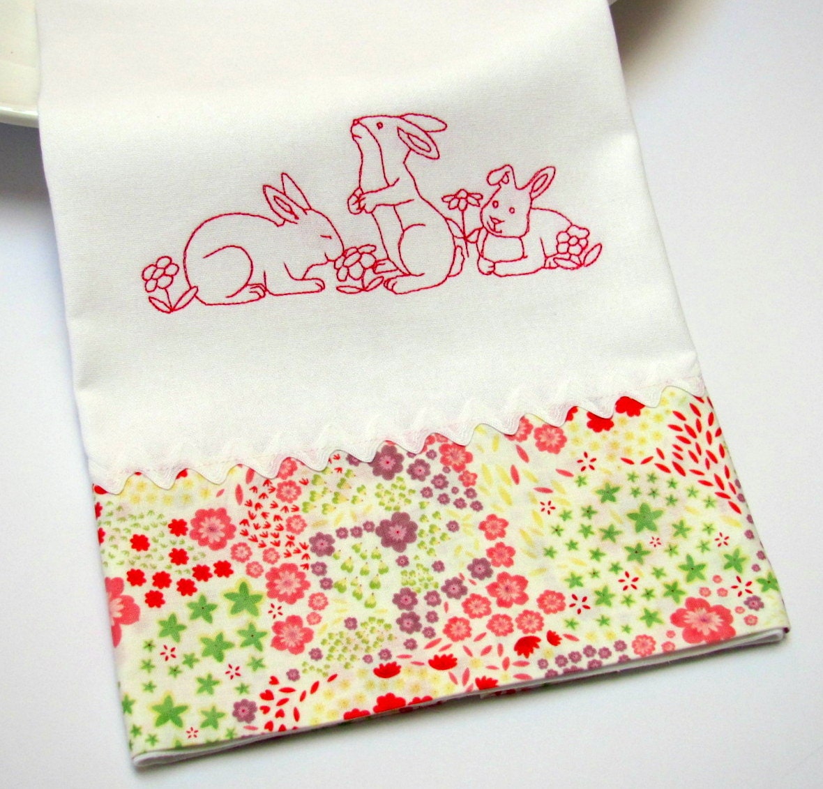 Garden Bunny Rabbits Embroidered Kitchen Towel