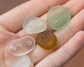 Sea glass Beach Glass Drilled, beach found for jewelry making, Double Drilled for Buttons or links 5 pcs