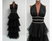 1960s Lillie Rubin Black Tiered Chiffon Halter Dress with Rhinestones