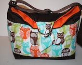 Diaper Bag Purse Diaper Tote  Hobo  lots of pockets Orange Teal Green Owls / messenger strap XcessRize Designs