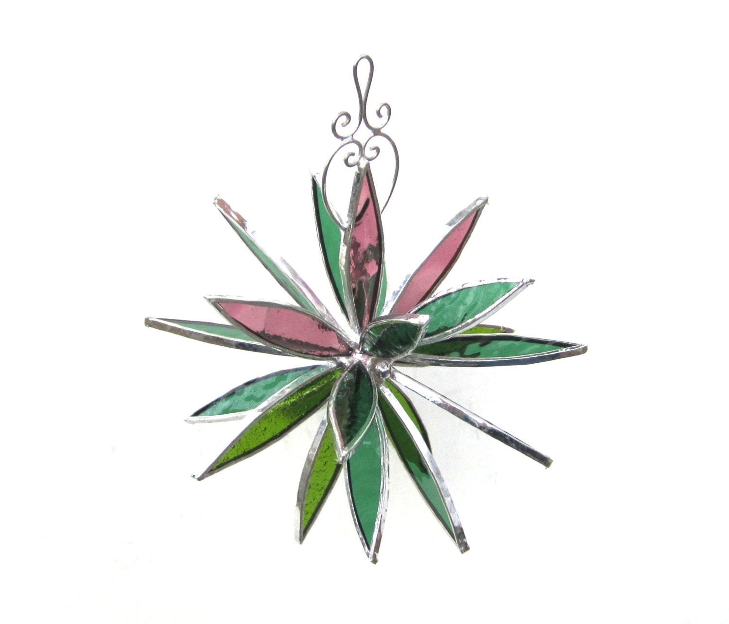 Dynamic Dahlia - Medium 3D Stained Glass Flower Burst - Pink Green Home Garden Decor Suncatcher Abstract Petals Yard Art Hanging Decorative