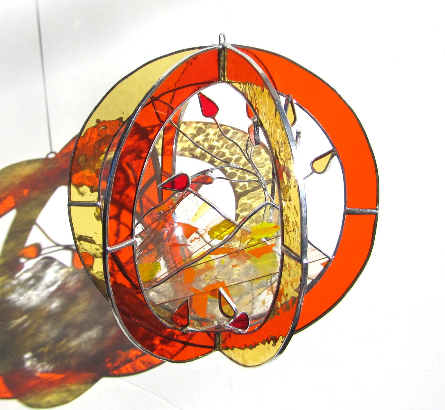 Fire on the Mountain - Medium Stained Glass 3D Sphere - Round Orange Mountain Nature Scene Suncatcher Home Decor Autumn Tree Fall Leaves