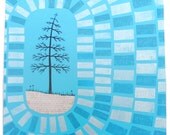 Mixed Media Block Printed Art with Pine Tree Illustration on Wood, Original Art by Erin Lang Norris.