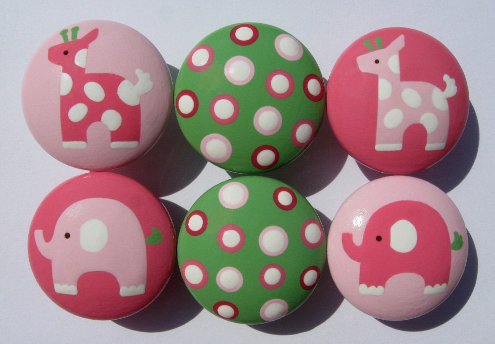 Pretty in Pink, Mint Green and White Elephants, Giraffes and Spots, Set of 6 Hand Painted Drawer Knobs