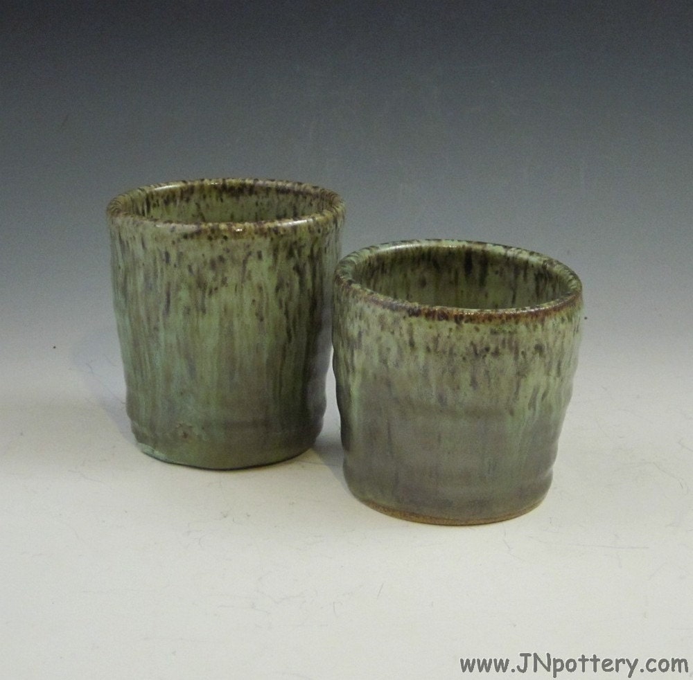 Rustic Stoneware Juice Tumblers, Shot Glasses, Whiskey Cups, Gun Metal Green  m161