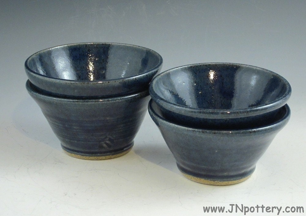Set of 4 Stoneware Kitchen Prep Bowls, Dip Dishes, Ceramic Egg Bakers,  Deep Cobalt Blue  b269
