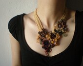 Heuchera Micranthra  ... Beaded Freeform Crochet Necklace - Cream Beige Purple Brown Flowers