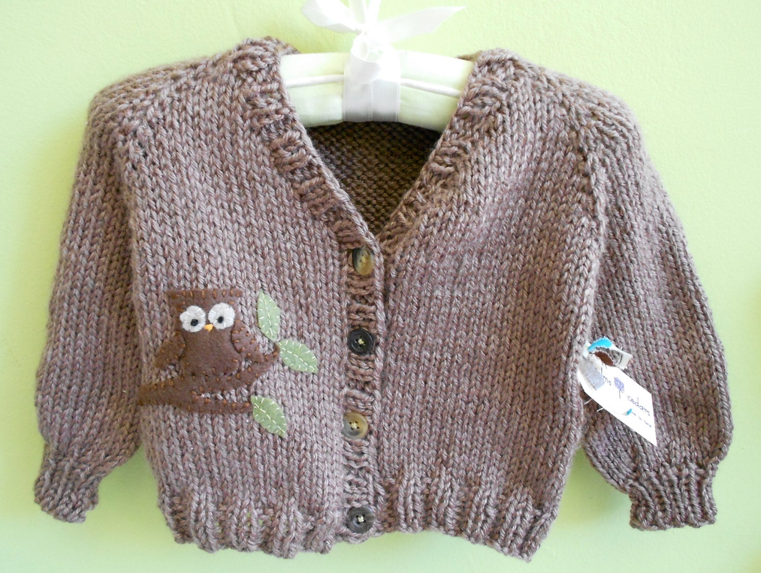 Hand knit Cardigan with Owl Applique 3-6 months