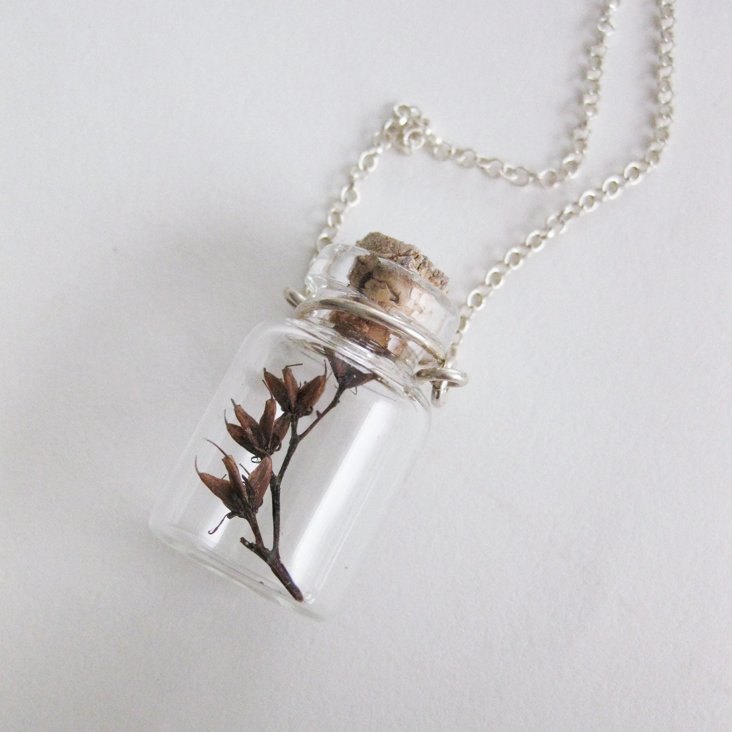 Blooming Branch - Eternal Garden Necklace - long necklace tiny glass bottle with tiny dried flowers