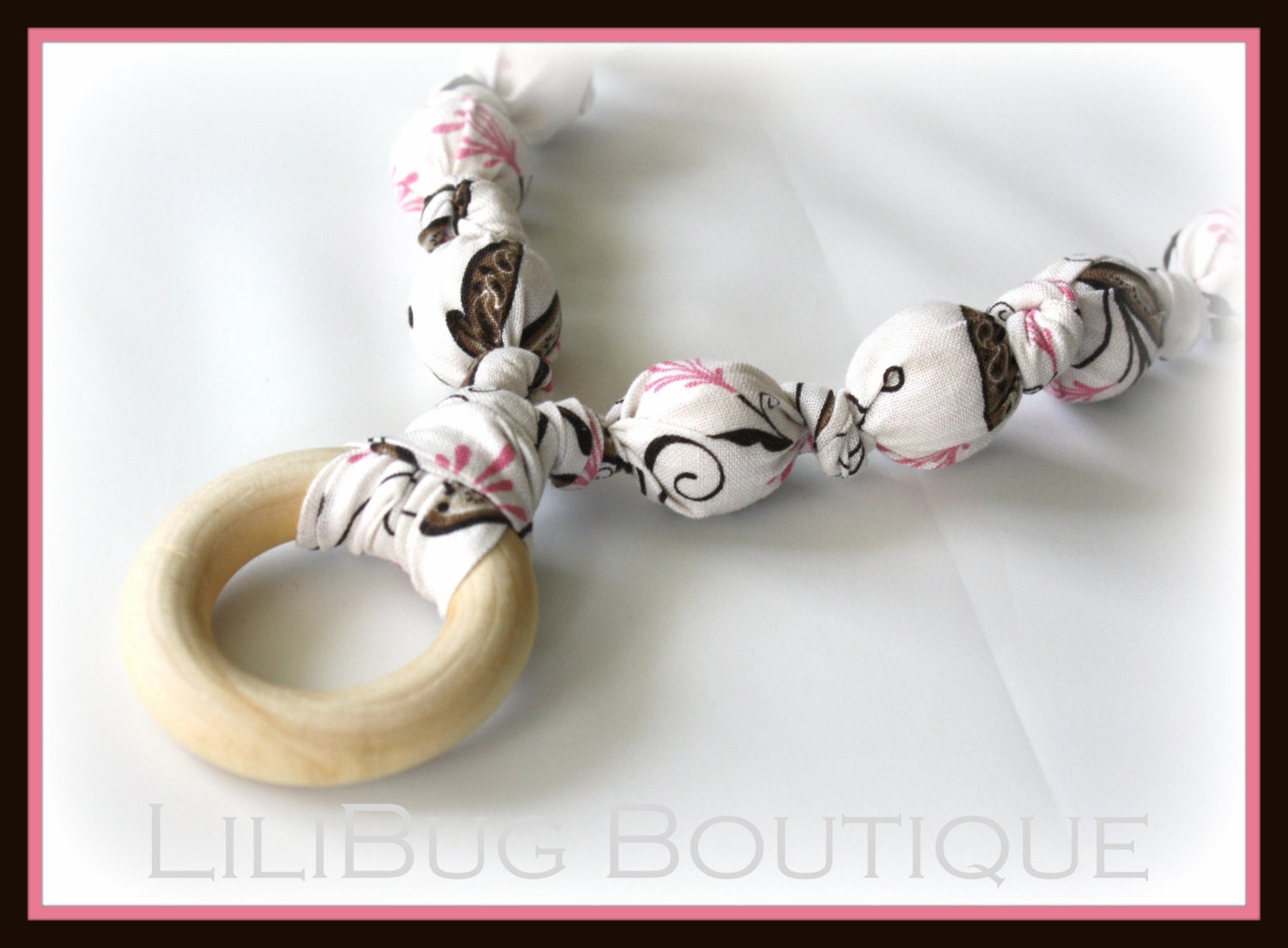 FREE USA SHIPPING - LiliBug Linen Pink & Brown Fabric Teething Ring Necklace - Teether Chomping Breastfeeding Babywearing