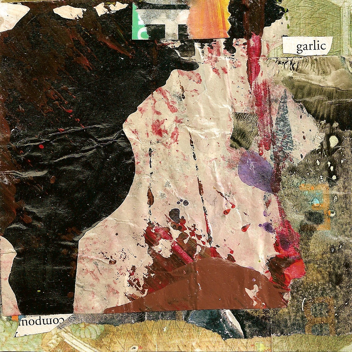 Big E - Original Collage with Weathered and Hand Painted Papers and Magazine Text 4 x 4 on 8 x 10 Backing
