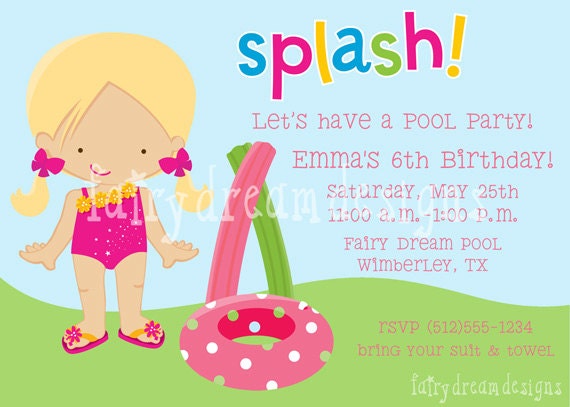 Summer Pool Girl 1 Personalized Birthday Party Invitation (DIY Printable/Digital/You Print)