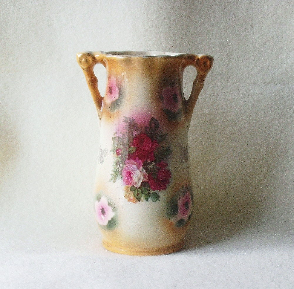 Vintage Pottery Vase w/ Rose Transfers and Handles
