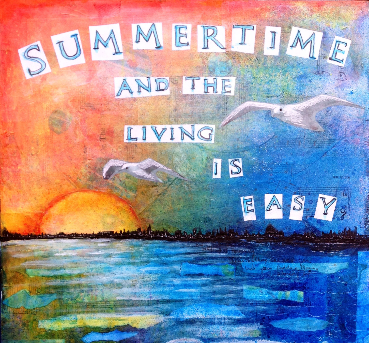 Summertime  8x8  inch print ocean beach waves sunset birds summer